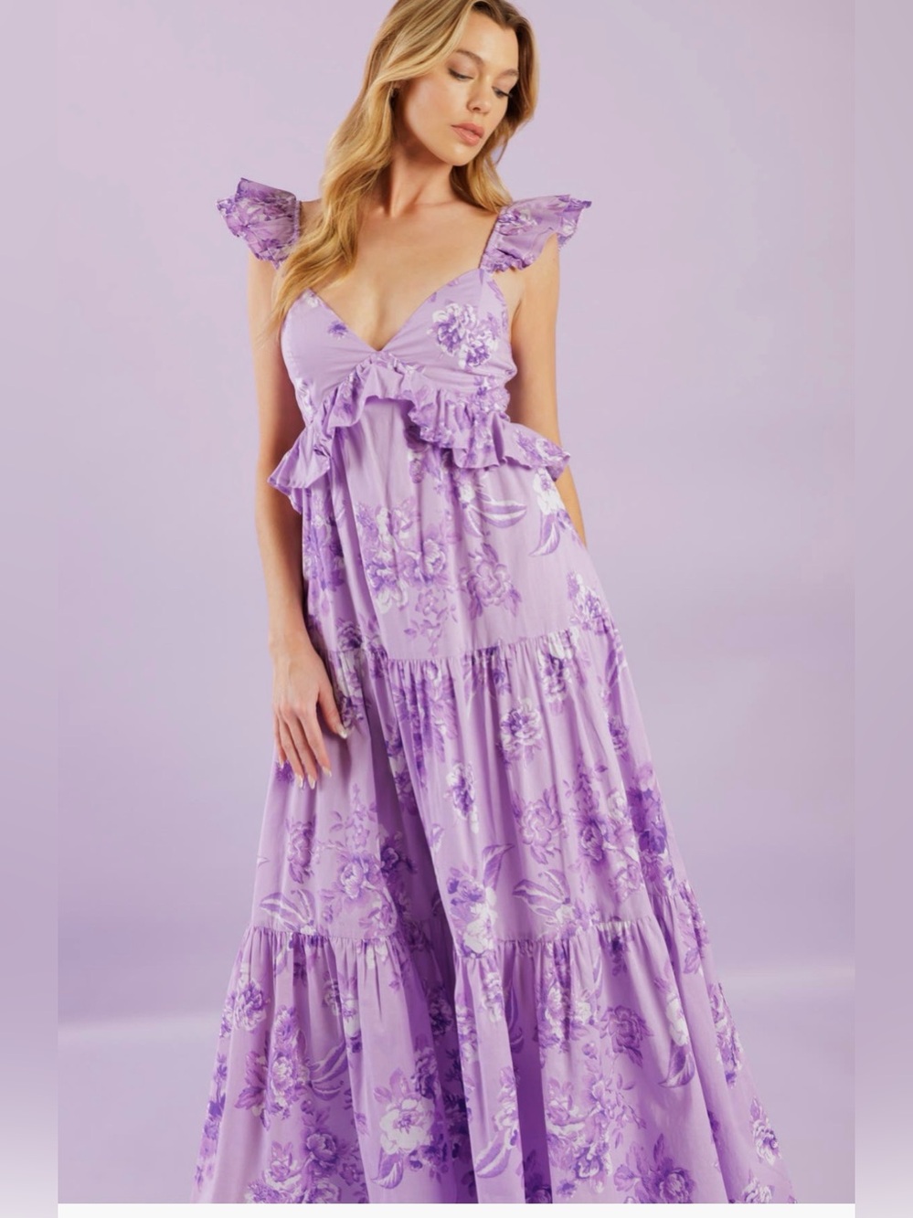 Flying Tomato Lavender Floral Ruffle Maxi Dress size small